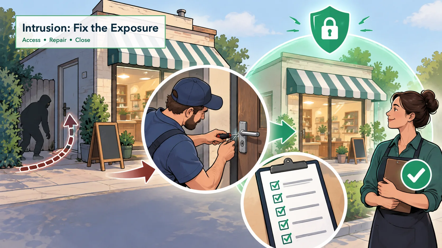 Physical protection and intrusion planning for an exposed business entry