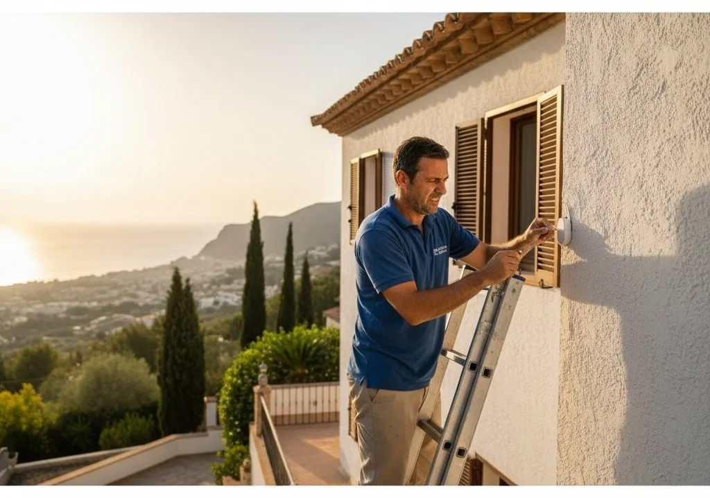 Mediterranean villa with wireless alarm sensors requiring ladder access for battery replacement