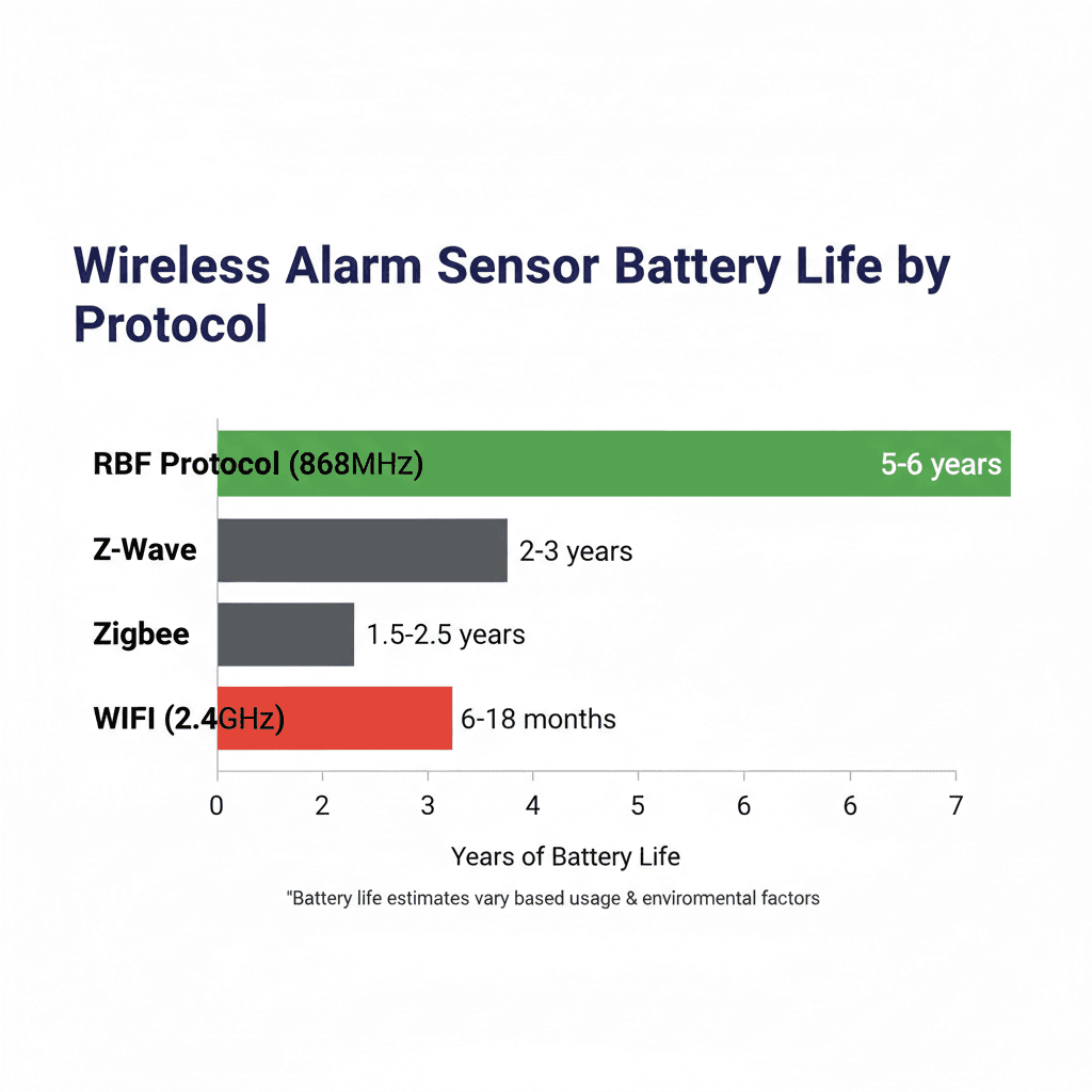 Battery life comparison chart: RBF Protocol 5-6 years vs standard mesh protocol 1.5-3 years