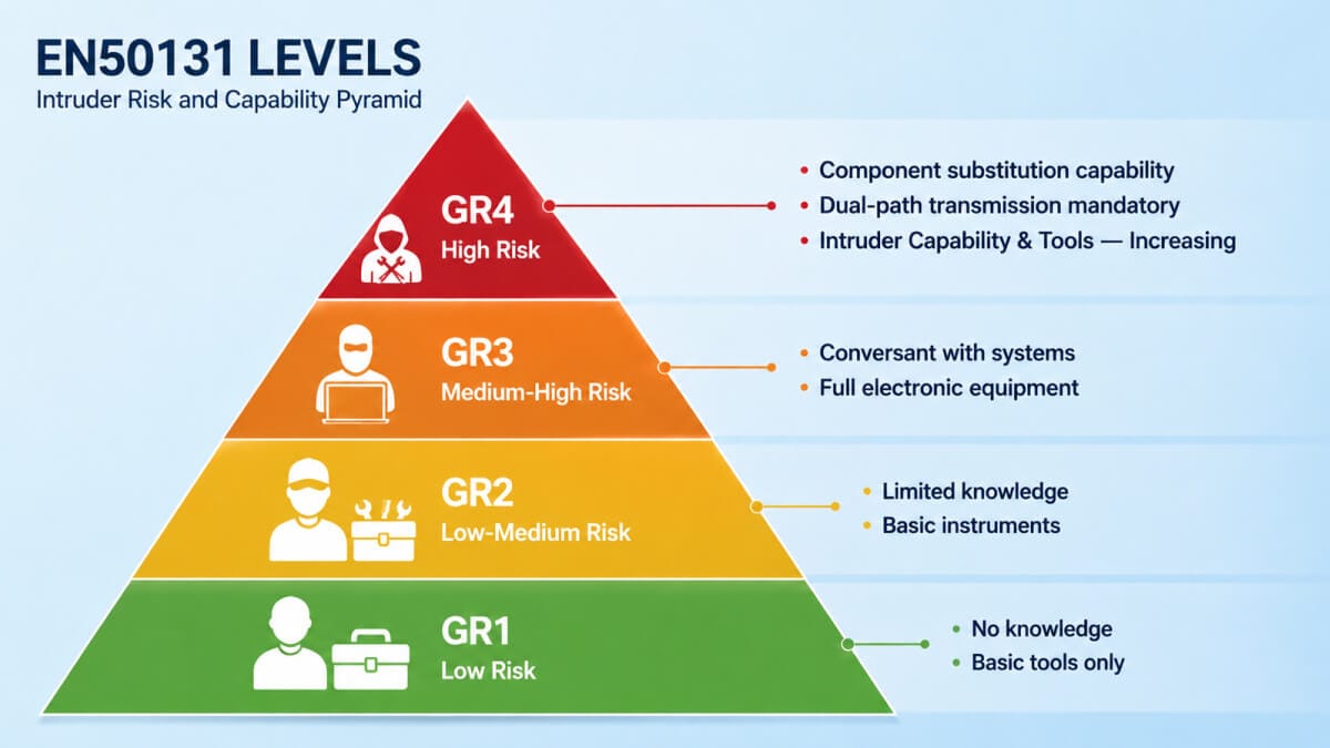 EN50131 security grades pyramid — GR1 to GR4 showing intruder risk levels, technical skills, and tools used at each level