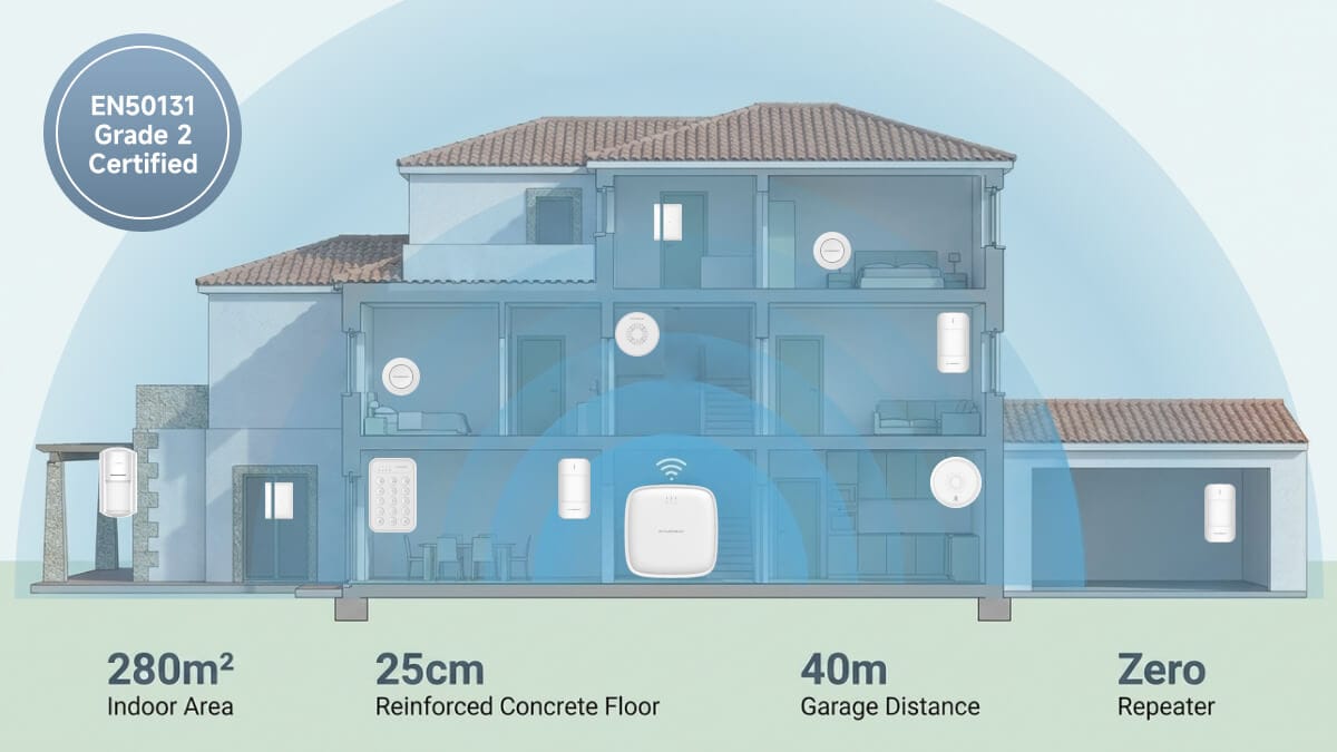 Roombanker EN50131 Grade 2 certified system covering 280 sqm villa interior through 25cm reinforced concrete floors — no repeaters required