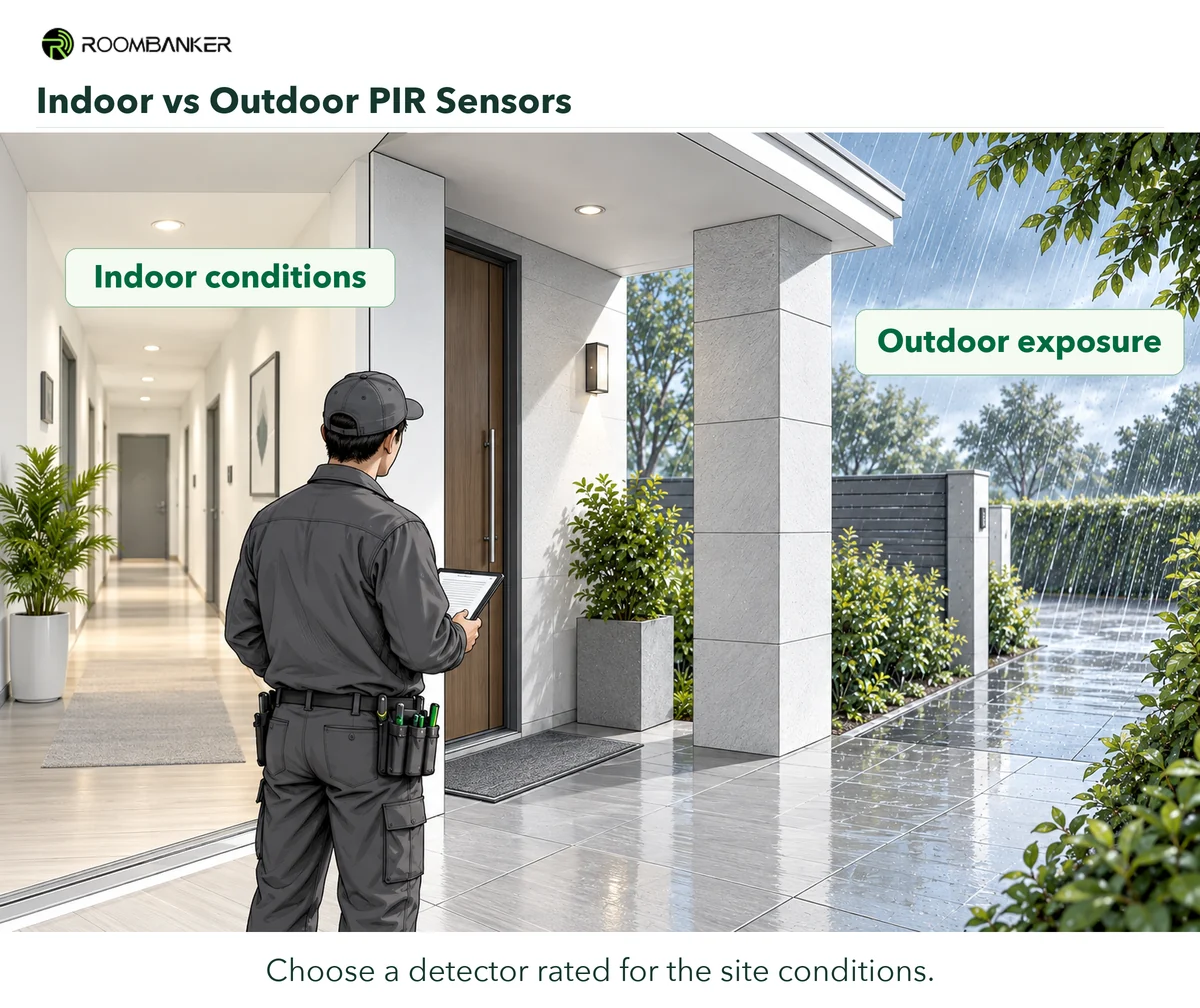 Installer at a sheltered entrance compares an indoor corridor with rain-exposed outdoor paving when assessing conditions for motion detector selection.
