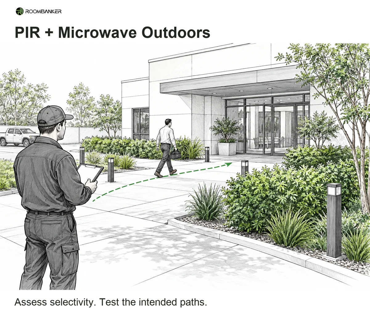 Installer observes a planned crossing route beside an outdoor entrance and vegetation while assessing conditions for dual-technology motion detection.