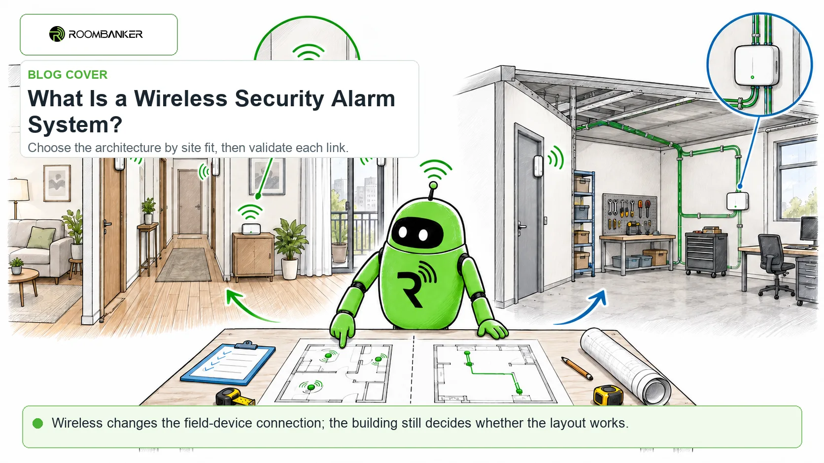Comparación de arquitectura de alarma inalámbrica versus cableada dibujada a mano que muestra un apartamento terminado con dispositivos de campo conectados por radio y un espacio de trabajo de ruta abierta separado con rutas de cables, guiado por el Roombanker Asistente de campo.